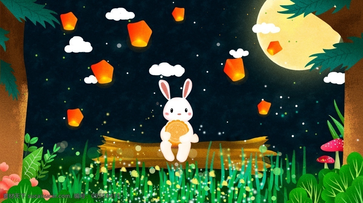 可爱 唯美 玉兔 偷 月饼 中秋 插画 树林 月亮 偷月饼 孔明灯