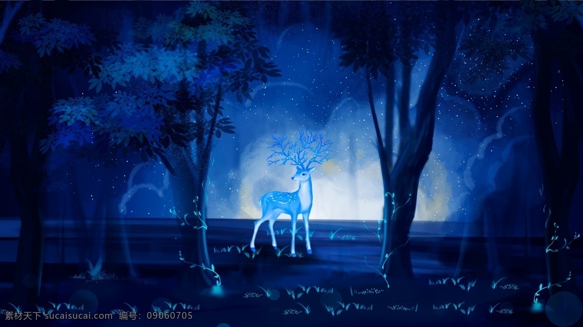 唯美 梦幻 创意 手绘 治愈 系 森林 鹿 插画 治愈系 森林与鹿