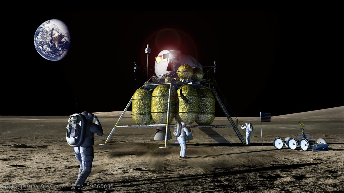 地球 科学研究 美国 美国国旗 太空 现代科技 宇航员 载人 航天 模拟 登月 载人航天 宇宙 月球 荒无人烟 登月舱 月行车 模拟登月 psd源文件