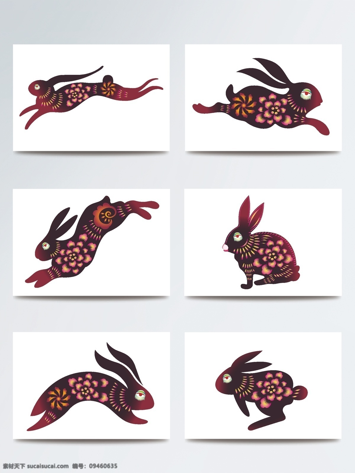 动物 红色 花纹 剪纸 矢量 兔子 风格