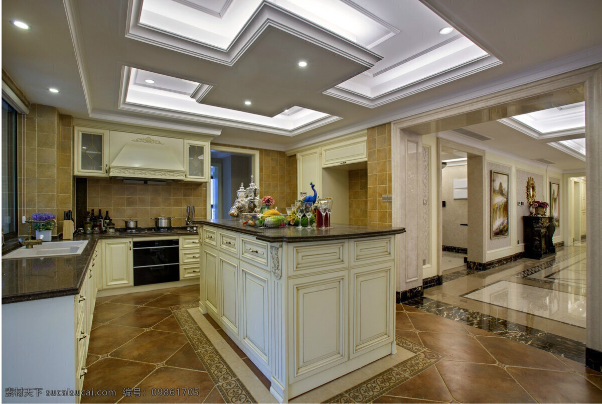 欧式 浅色 调 厨房 装修 效果图 开放式厨房 射灯 复古射灯 木地板 白色橱柜 洗菜盆
