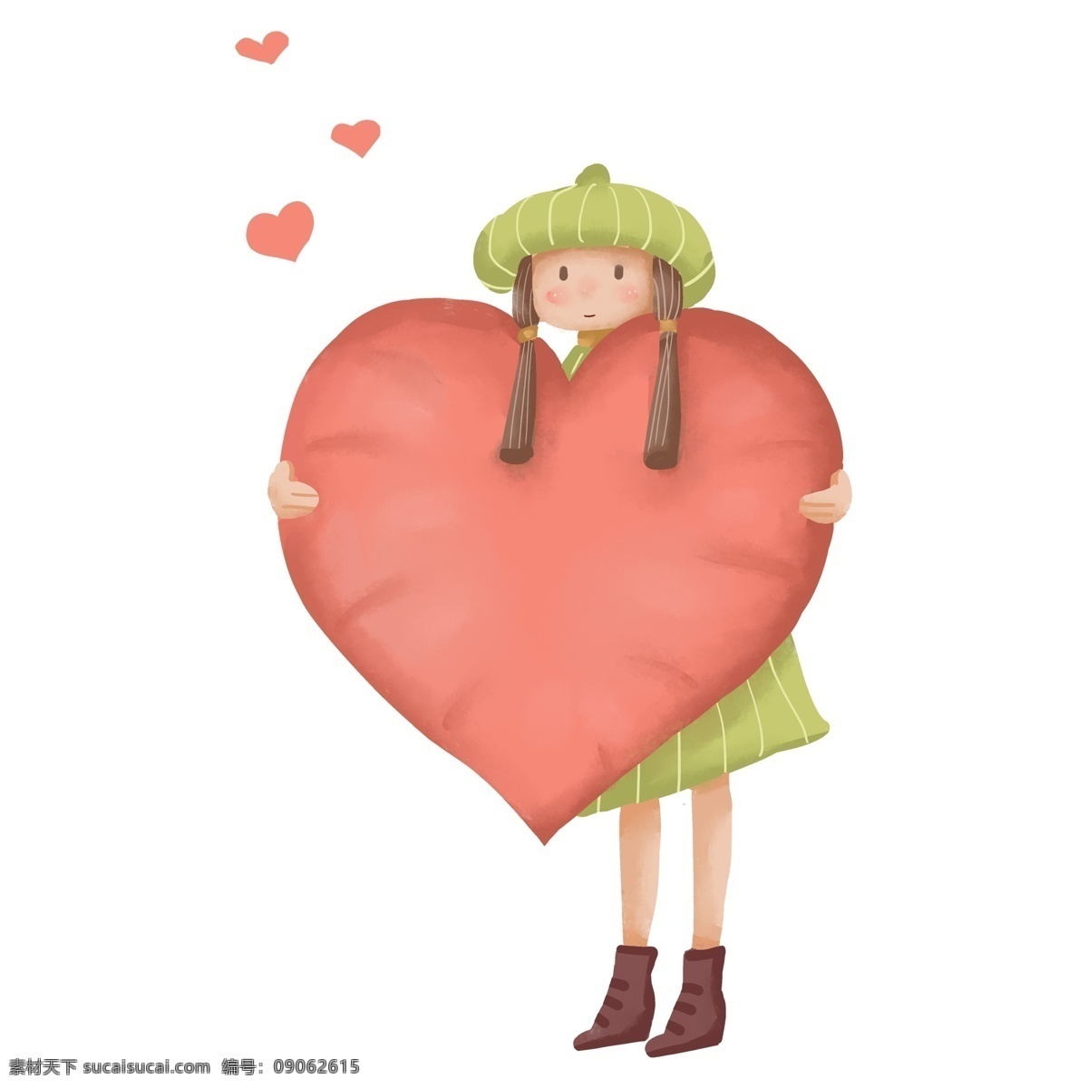 彩色 创意 抱 心 女孩 元素 卡通插画 心形 爱情 帽子 裙子 穿着 衣服 服装