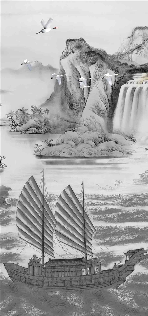 3d 灰色 山水 立体 瀑布 流水生财 帆船 水墨 简约 中式 分层 玄关背景墙 背景墙系列