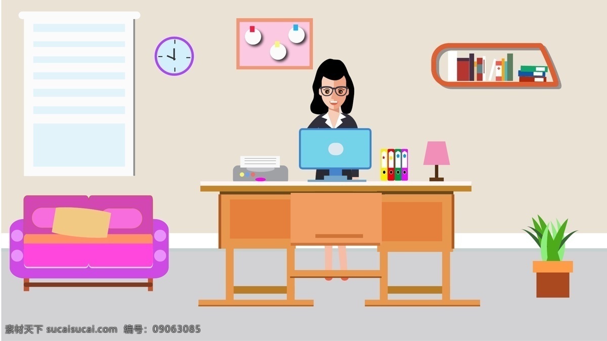 原创 办公 工作 中 人 场景 矢量 插画 沙发 窗户 便签 电脑 工作中的人 矢量插画 扁平风格 盆栽 办工作 墙体柜 文件 钟表 办公桌 台灯
