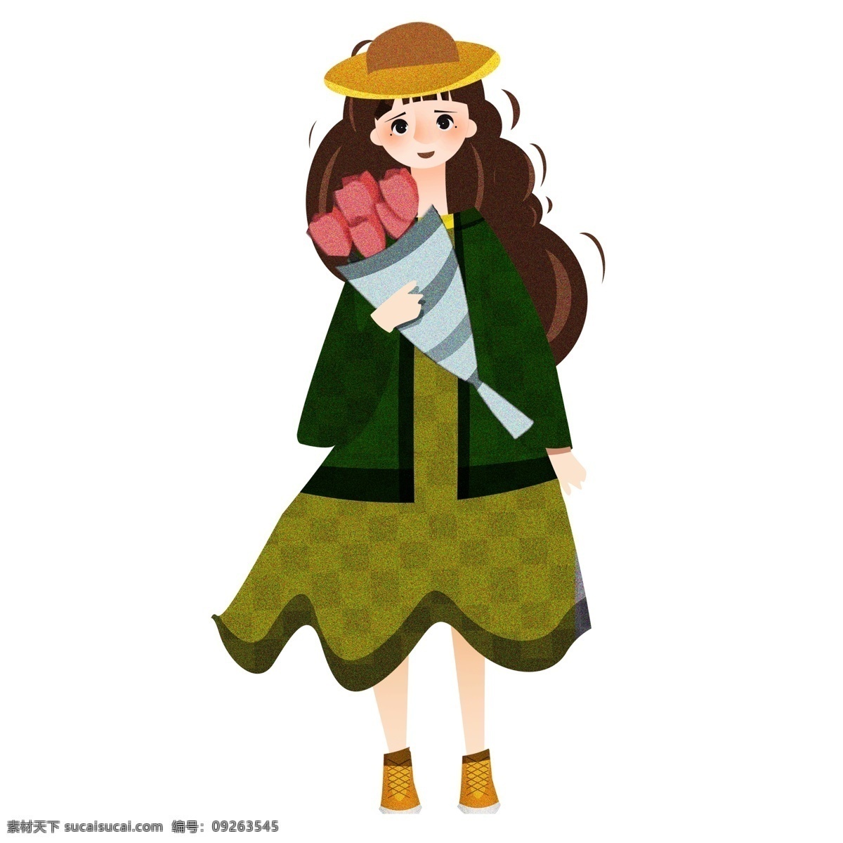 复古 肌理 捧 花 女生 卡通 复古肌理 手绘 少女 捧花 文艺 女生节 插画 人物