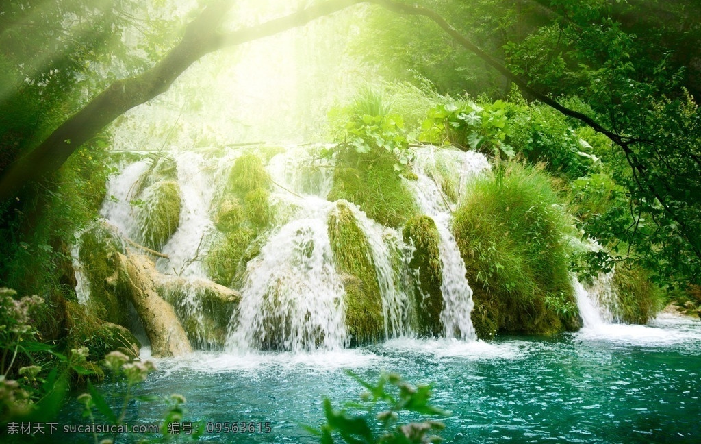 山间瀑布 瀑布 水流 景色 湖水 河水 树木 绿叶 绿树 风景 风光 山脉 丛林 山水风景主题 山水风景 自然景观