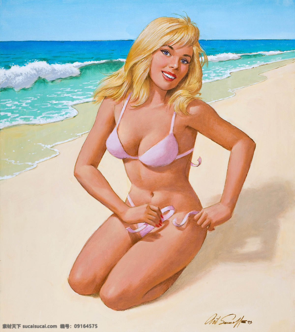 海边 海滨 绘画书法 金发 美国 美女 沙滩 油画 设计素材 模板下载 泳装 美女绘画 文化艺术 装饰素材