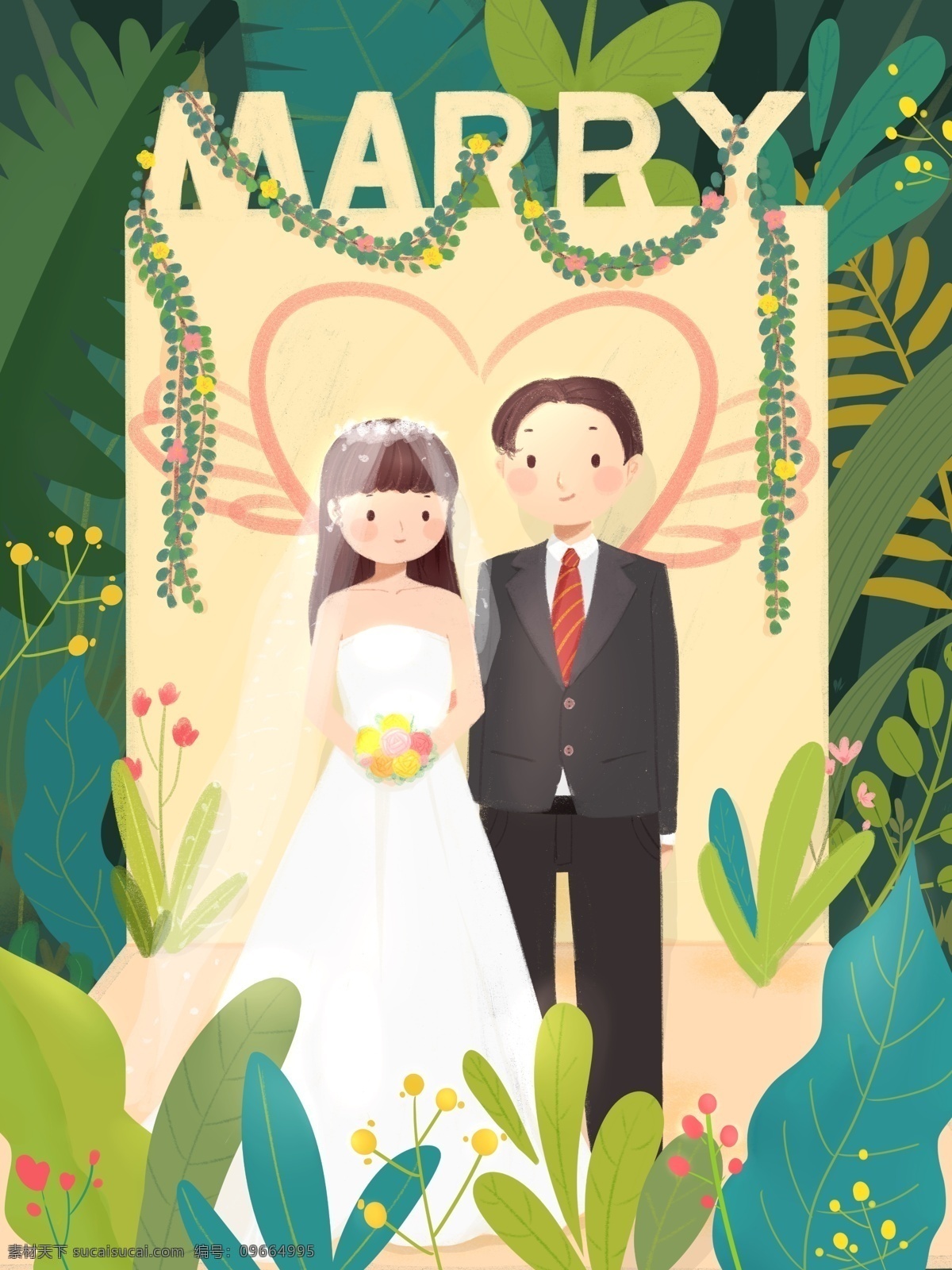 清新 浪漫婚礼 爱情 森林 植物 新郎 新娘 卡通 插画 婚纱 婚庆 结婚 绿植 西装 场景 婚礼季