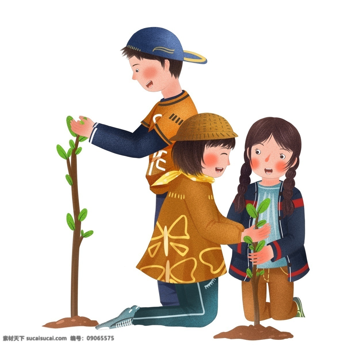 手绘 可爱 植树节 种树 三个 小孩 春天 人物 插画 女孩 男孩
