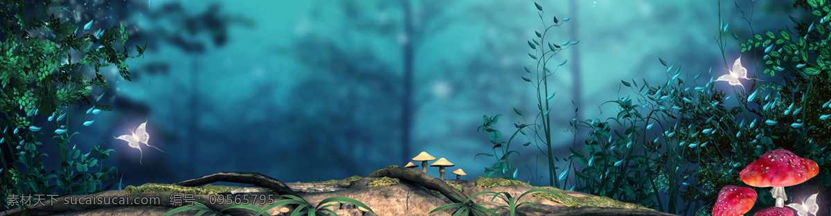 绿色 森林 大树 banner 背景 唯美 蝴蝶 红色蘑菇