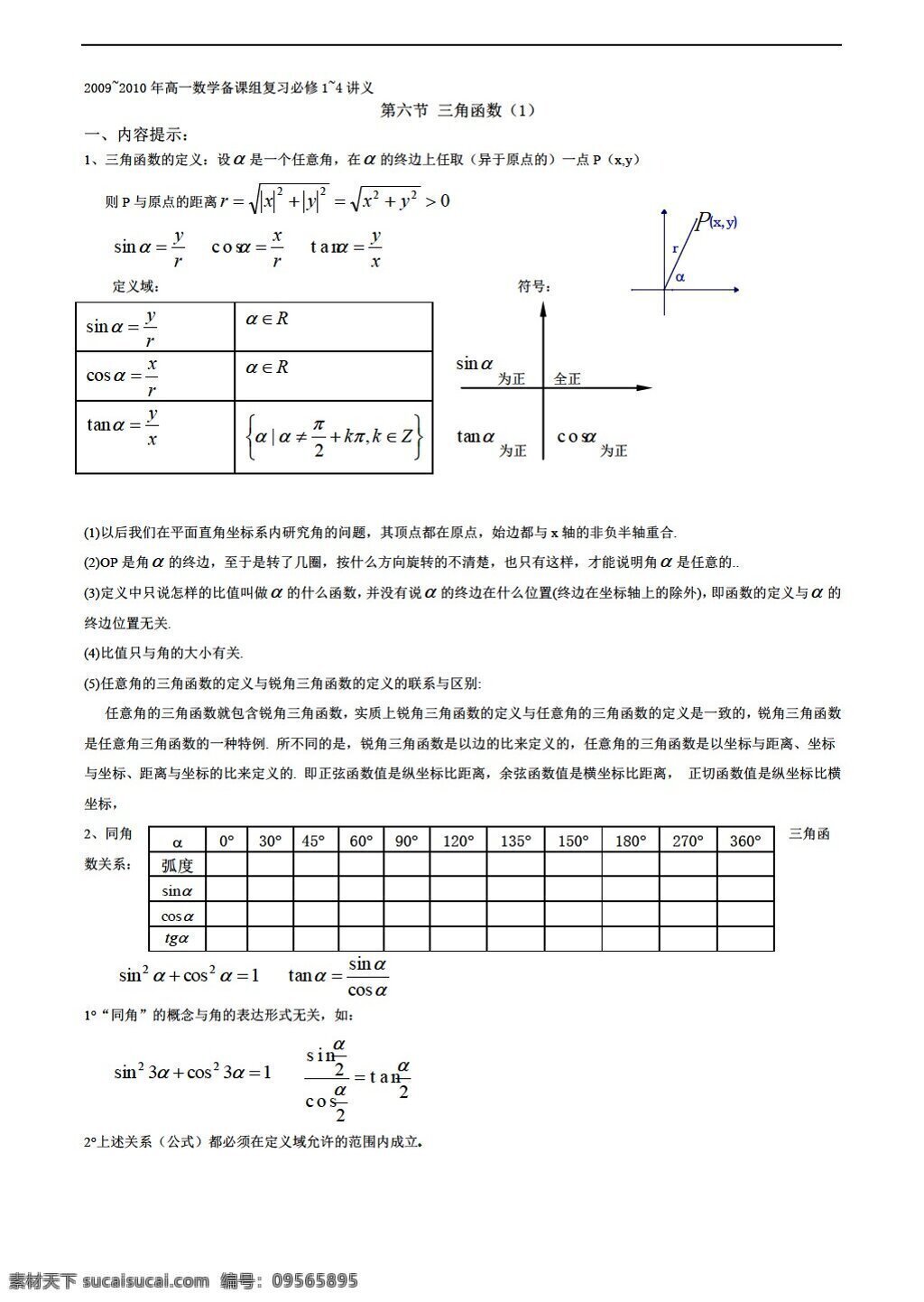 数学 人教 新 课 标 a 版 2009 复习 必修 讲义 六 节 三角函数 必修4 学案