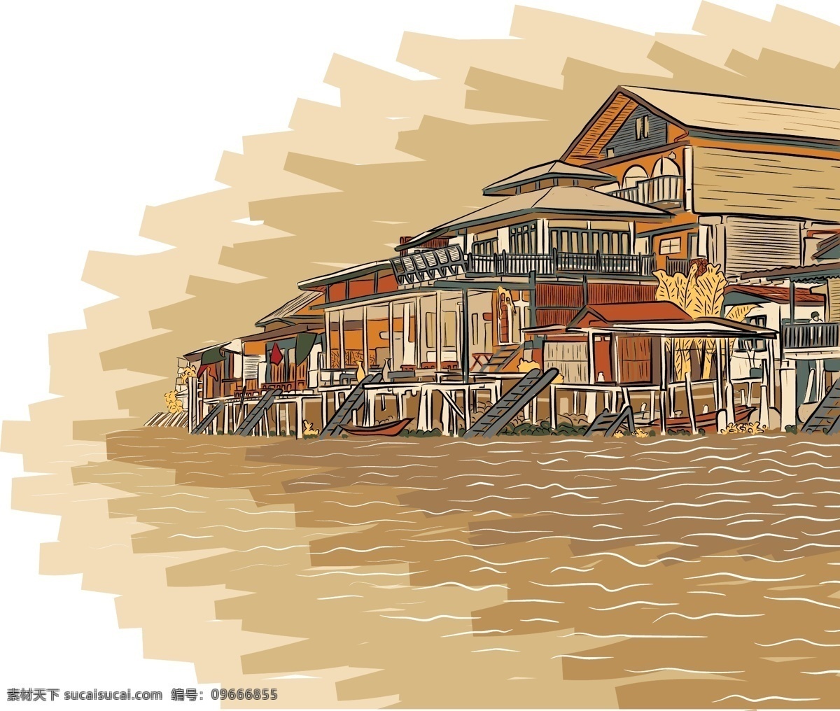 手绘 海边 建筑 插画 风景 房子 场景 水面