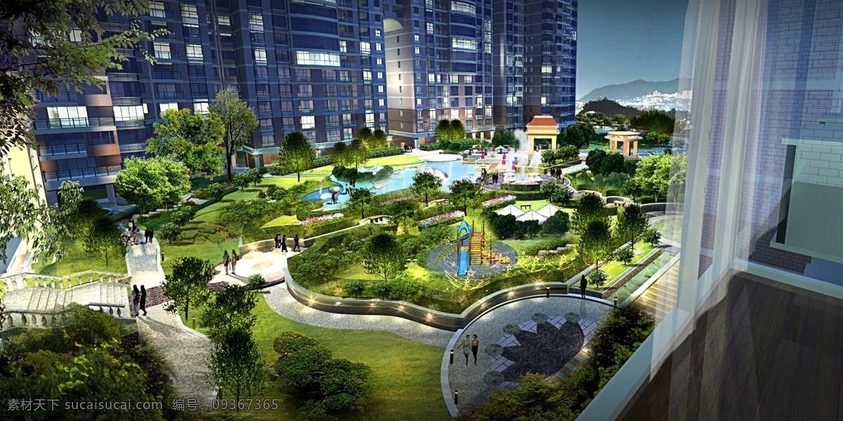 花园 广场 景观设计 草地 灯光效果 凉亭 树木 鲜花 装饰素材 园林景观设计