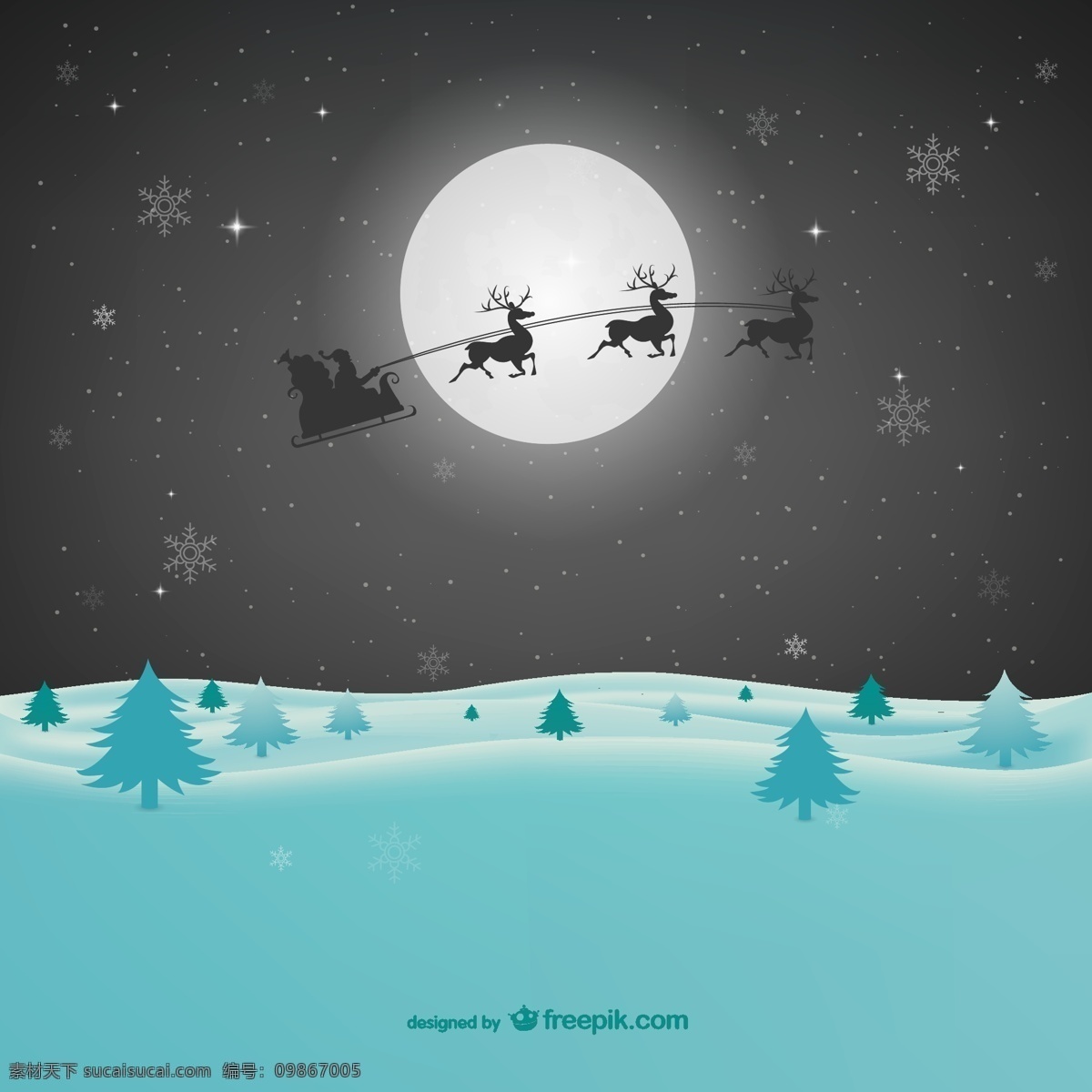 卡通 雪原 圣诞 夜 雪橇 圣诞节 圣诞老人 圣诞夜 矢量图 松树 雪地 雪花 月亮 月夜 节日素材