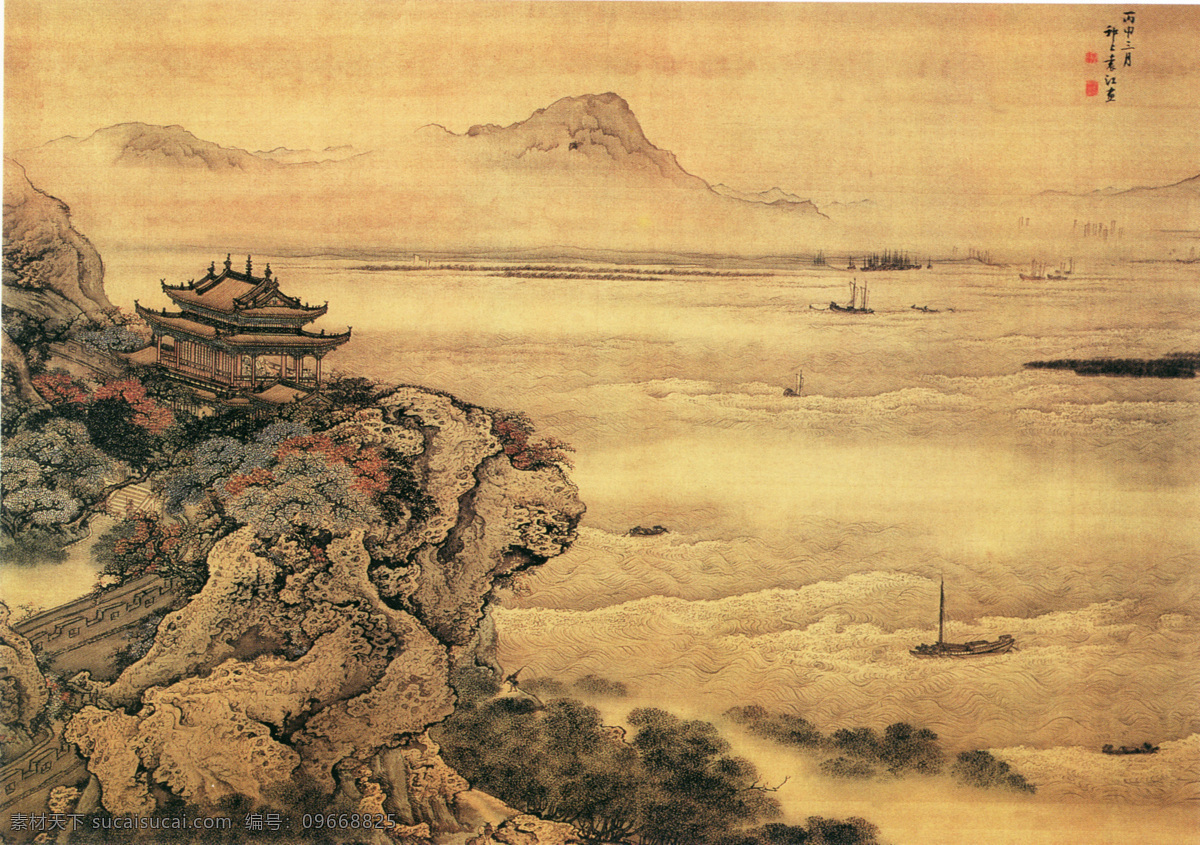 背景墙观潮图 中式 古典 山水画 高山 潮水 背景墙 装饰画 贴图 壁纸 墙纸