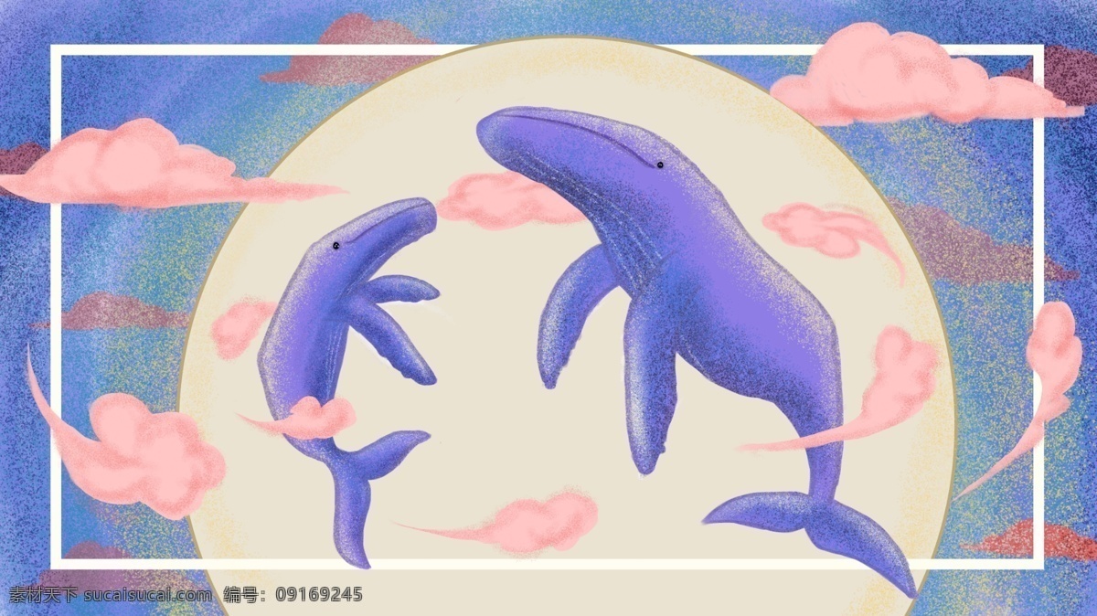 简约 清新 鲸鱼 母子 嬉戏 场景 插画 座头鲸 情亲 蓝色