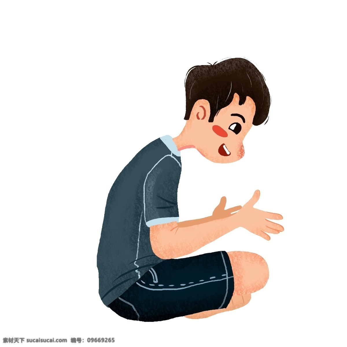 手绘 一个 盘腿 坐 男孩 卡通 人物 插画 盘腿坐 开心 侧面