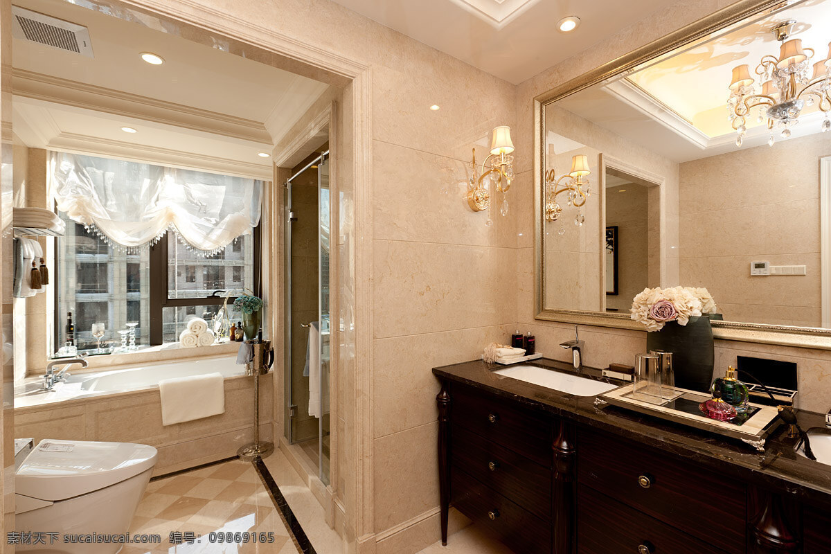 中国 风 卫生间 洗手台 效果图 卫生巾 马桶 白色射灯 方形吊顶 镜子 浴缸 窗户 灰色窗帘
