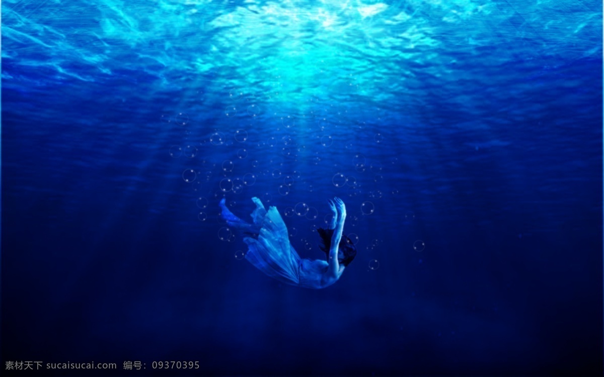 合成 坠 海蓝色 海洋 背景 深海 气泡 坠落美女 海底 蓝色
