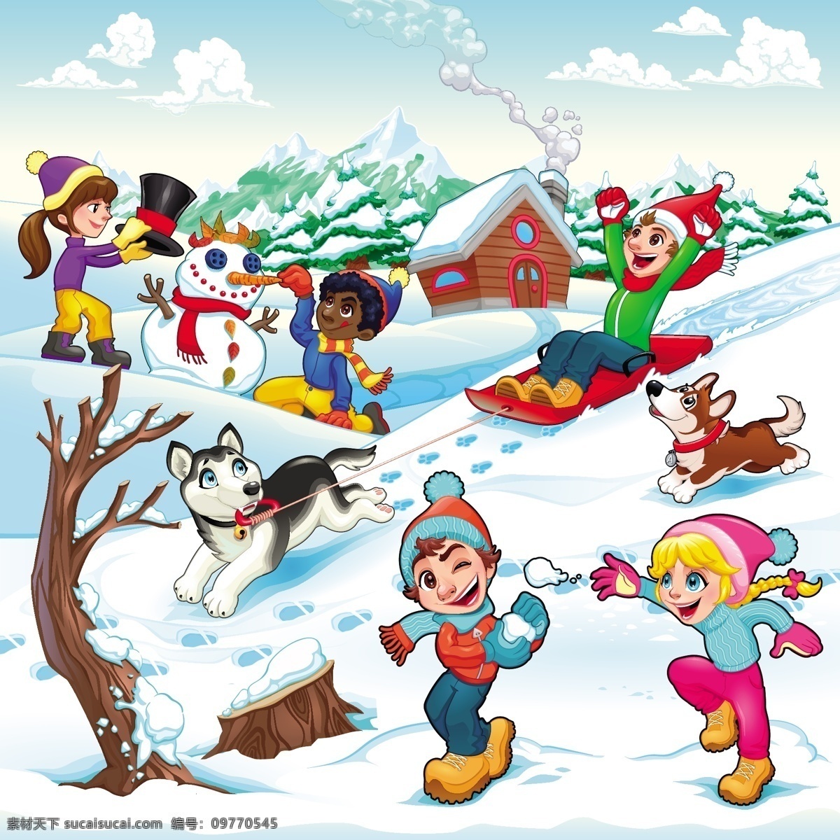 有趣 冬 景 孩子 狗 的卡 通 插画 矢量图 圣诞节 树 冬天 雪 爱 房子 家庭 自然 卡通 山 学生 漫画 风景 色彩 雪人 假日 奔跑