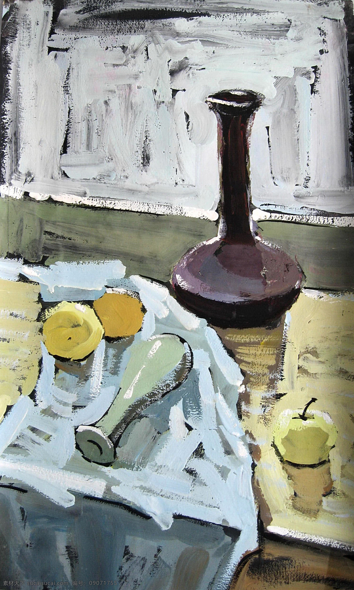 水粉静物 水粉 静物 色彩 美术 绘画 色调 冷色调 罐子 梨 水果 苹果 衬布