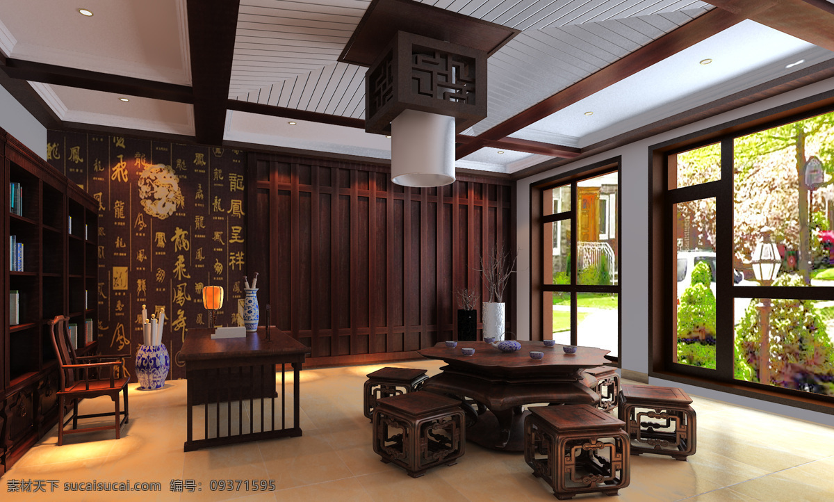 玻璃门 茶室 茶桌 吊灯 吊顶 环境设计 家装效果图 书房 书桌 椅子 书橱 茶座 中国式风格 室内设计 家居装饰素材 灯饰素材