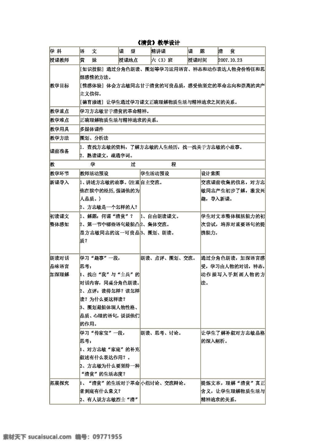 语文 沪 教 版 清贫 教学设计 沪教版 教案 六年级上