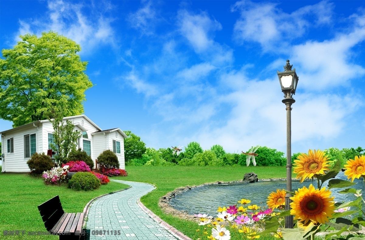 绿色家园 绿树 蓝天白云 荷塘 路灯 小路 向日葵 花草 花丛 别墅 风景 分层 源文件