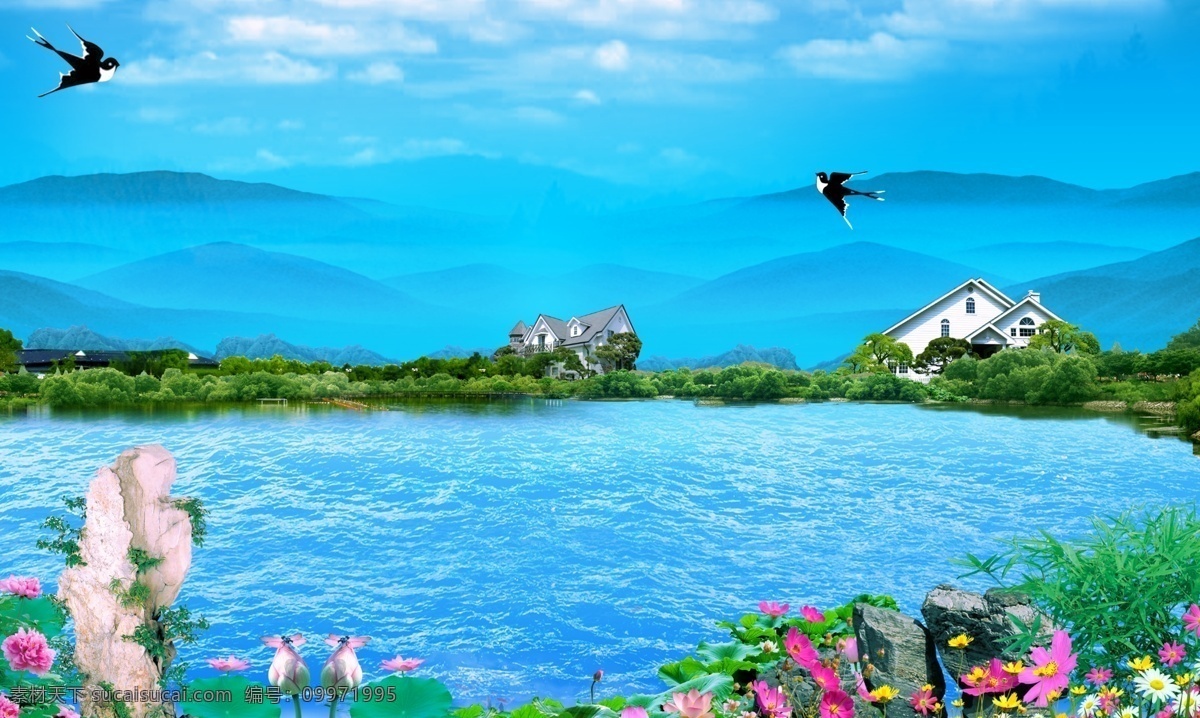 风景山水画 湖水 风景画 山 水上别墅 花 山水装饰画 挂画 壁画 墙画 源文件图 风景 分层 源文件