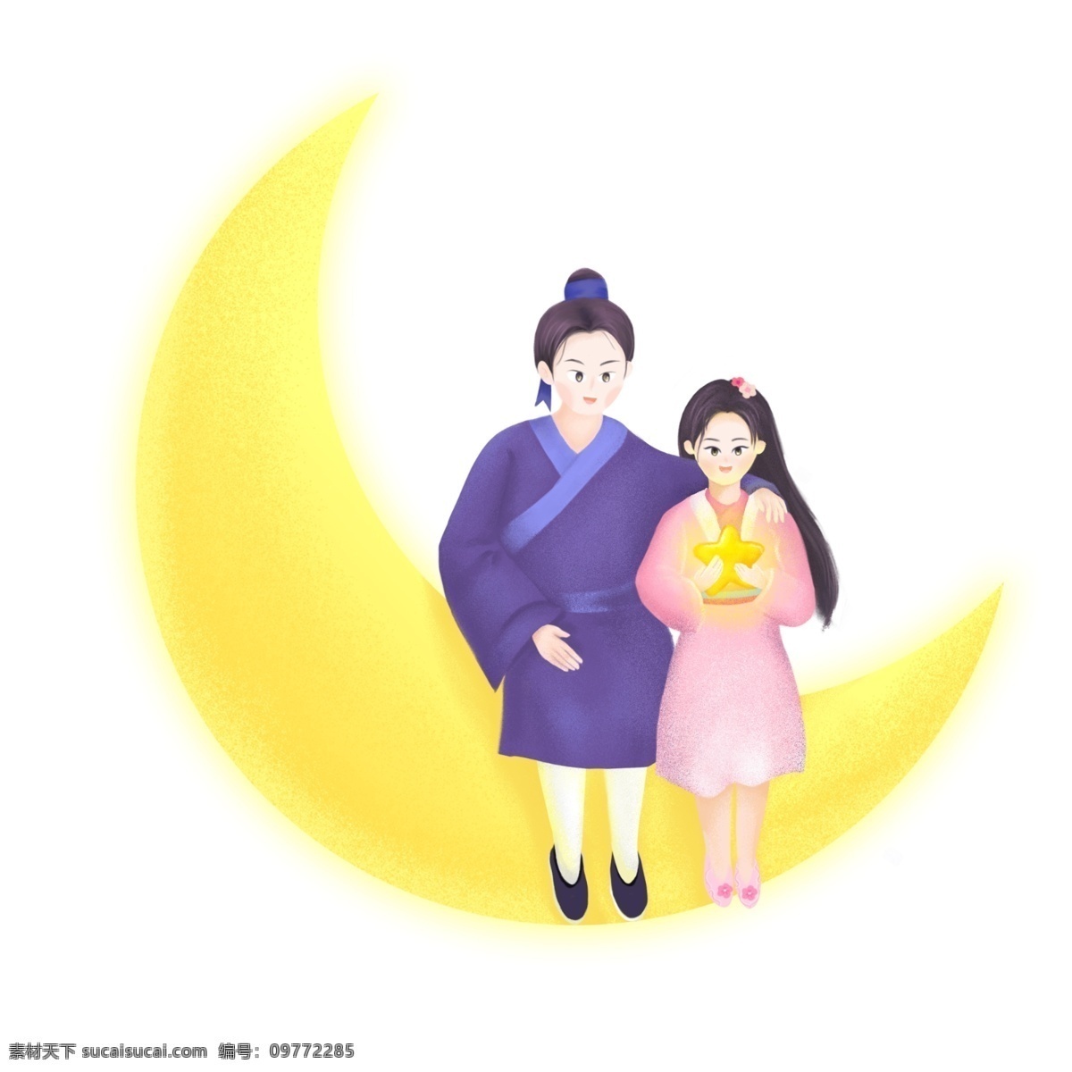七夕 情人节 牛郎织女 相会 卡通 手绘 原创 插画 月亮 星星 浪漫 发光 情侣 77 古装