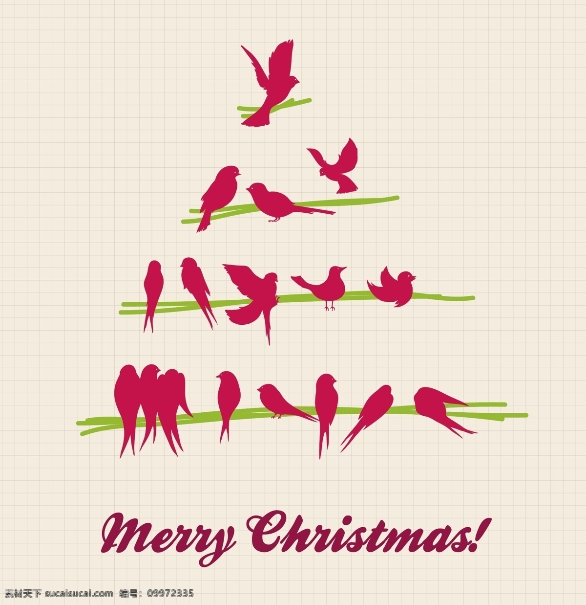 涂鸦圣诞树 红色小鸟 绳子 树枝 白色