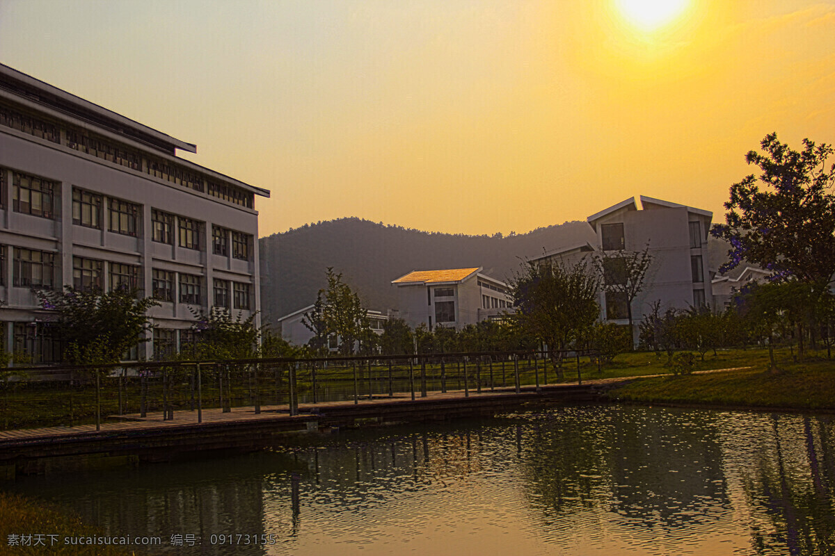 夕阳 下 水面 风景 建筑 太阳 生活 旅游餐饮