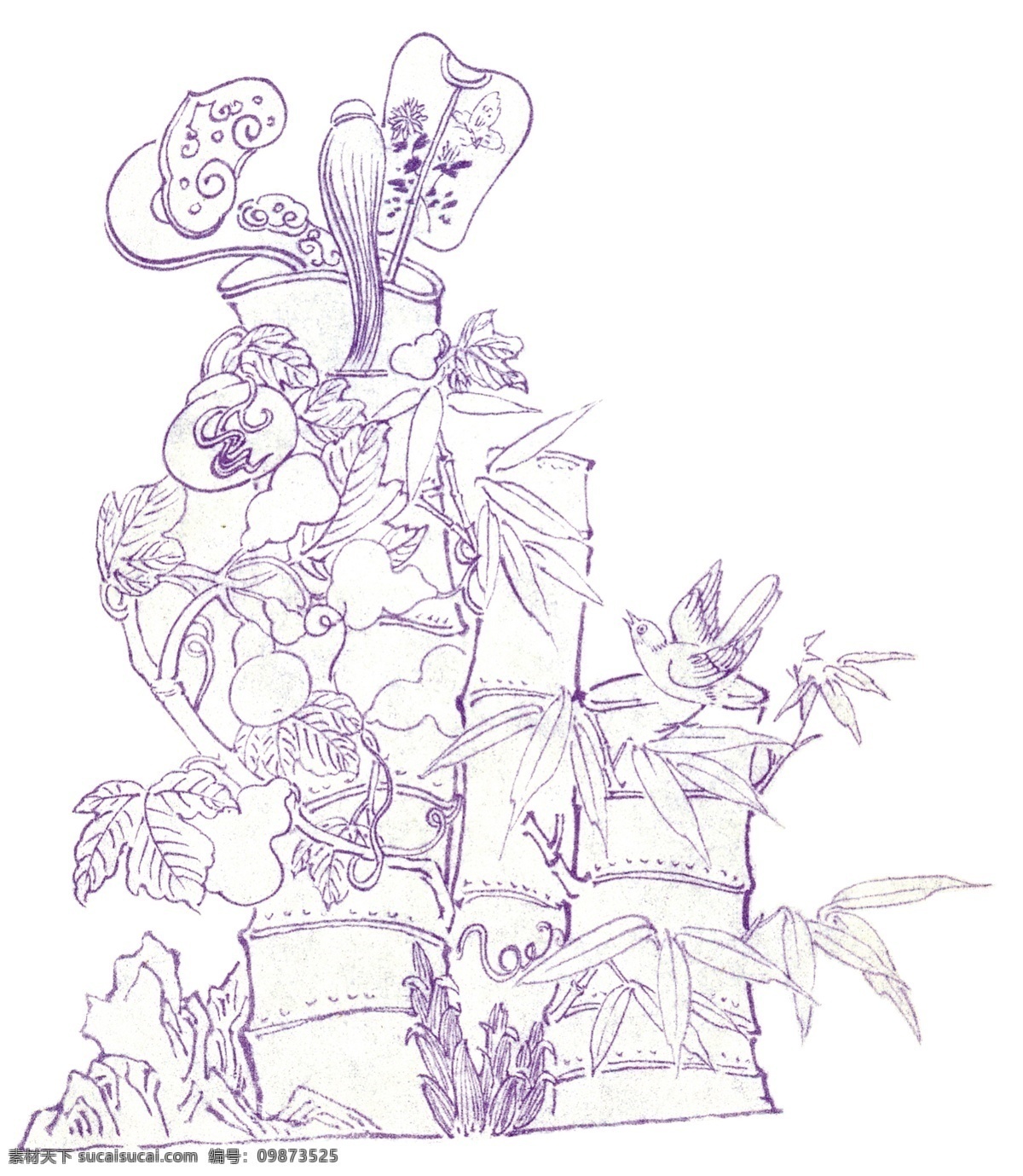稀有 玉雕 花鸟 图稿 国画 古典 传统 纹样 工笔 工艺 线描 白描 花纹 玉雕花鸟图稿 吉祥 花 草 鸟 葫芦 竹 绘画书法 文化艺术