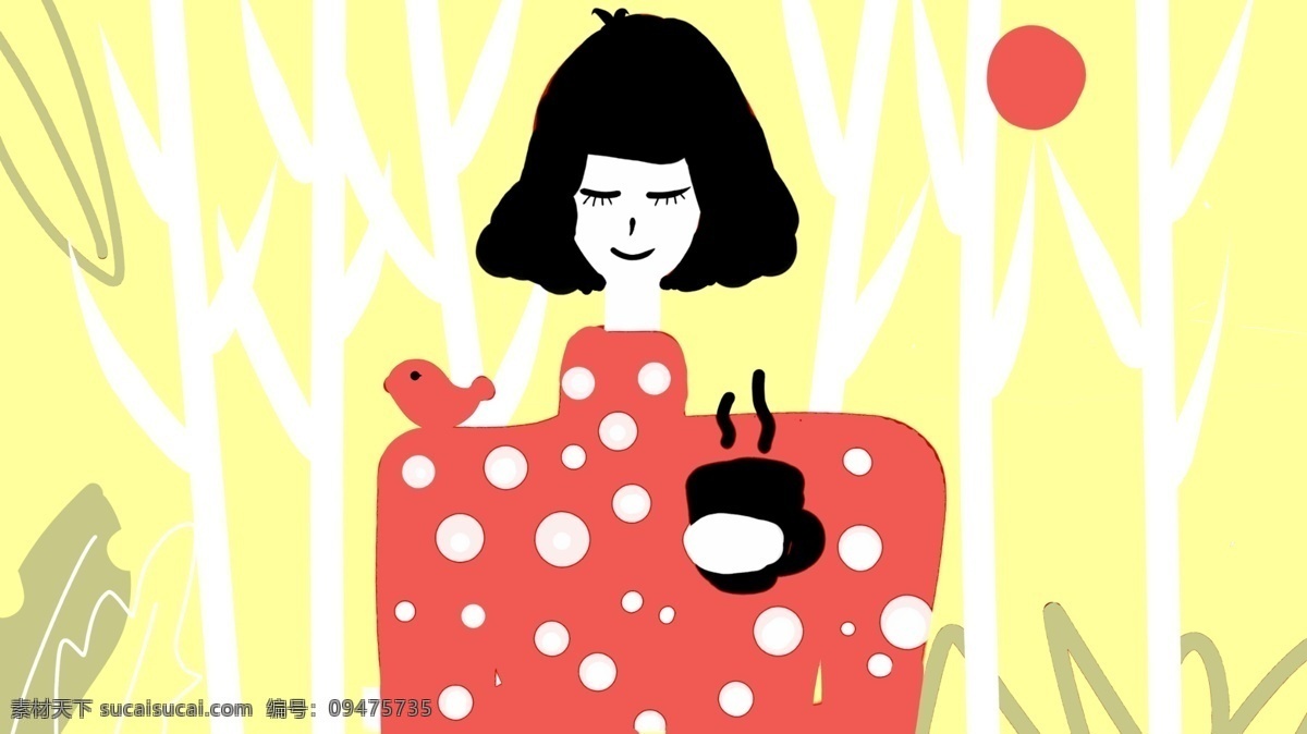 原创 扁平 风 你好 早安 插画 扁平风 少女 治愈 早晨咖啡 早安你好