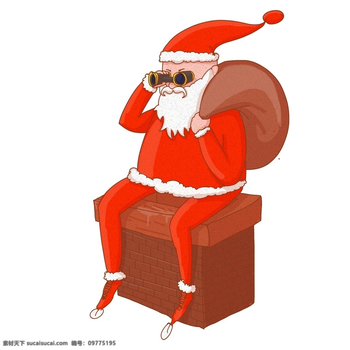 坐在 烟囱 上 圣诞老人 卡通 手绘 插画 圣诞节 圣诞狂欢 背包 带 墨镜