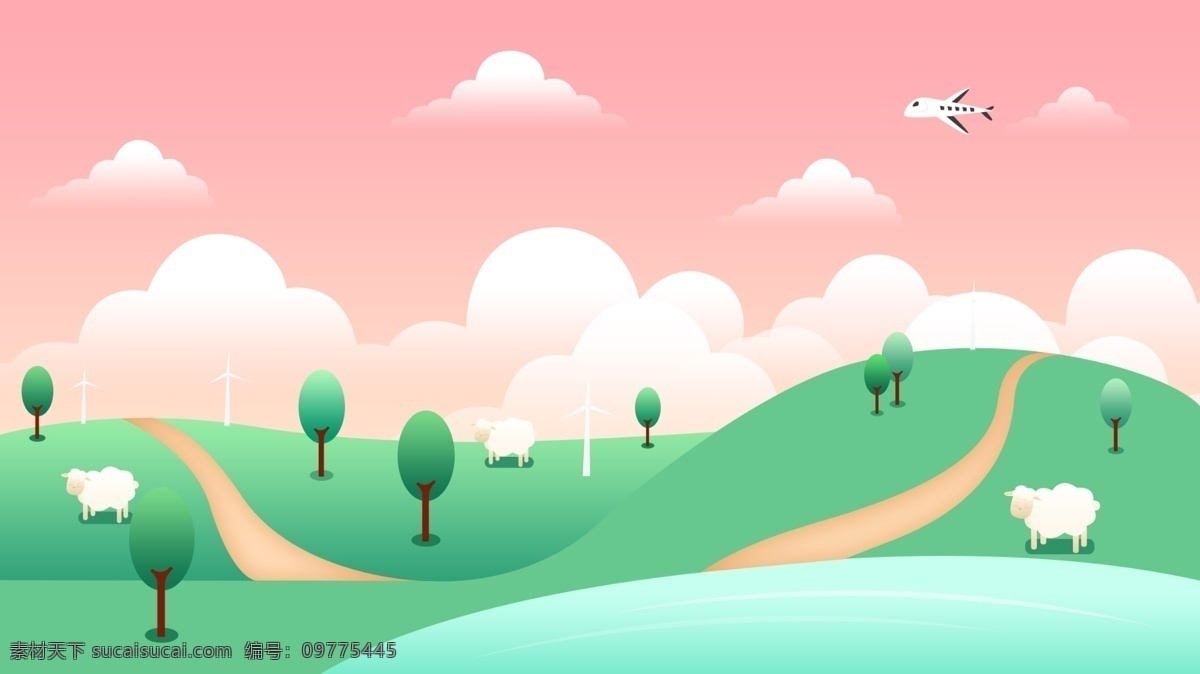 原创 插画 春天 唯美 风景画 风景 小清新 壁纸 自然 渐变 背景 配图 扁平