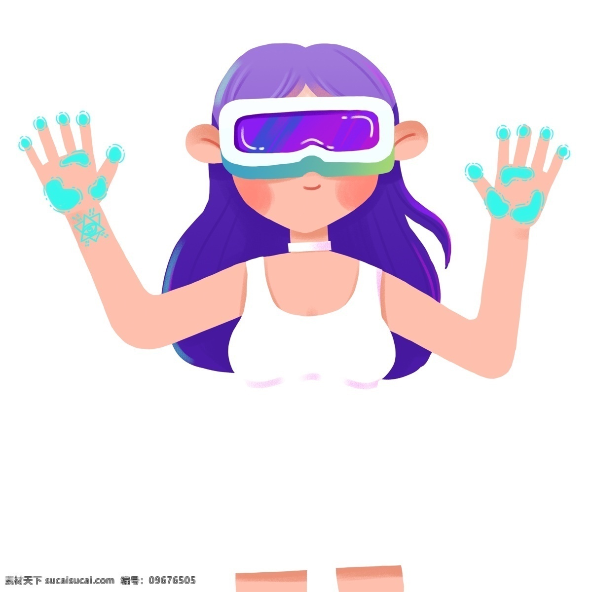 玩 vr 科技 女孩 插画 商务 紫色 女子 卡通 彩色 小清新 创意 手绘 元素 现代 简约 装饰 图案