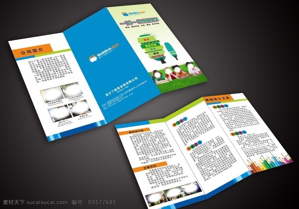 教育三折页 学校三折页 一对一 外教 教学 高尔丁教育 外国学生 可爱小孩 绿草地 可爱树 外教教学 外教团队 学校课外活动 英语沙龙 彩色铅笔 dm宣传单 矢量