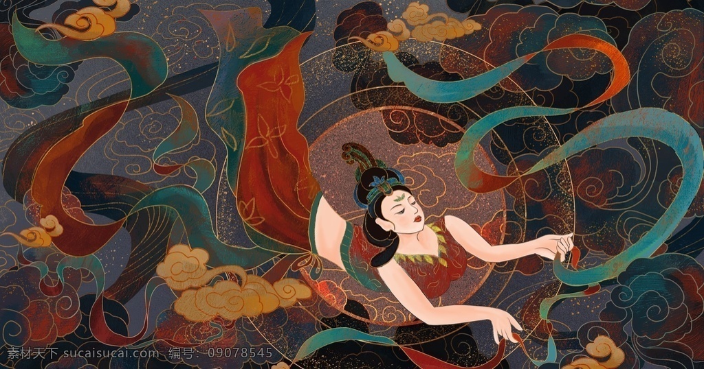 敦煌壁画 古风 传统 墙 画 艺术 仙女 敦煌 壁画 墙画 古风背景 分层 背景素材