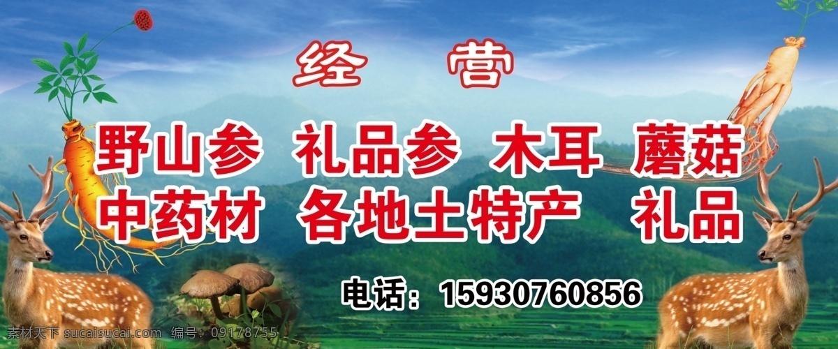 东北土特产 山背景 鹿 人参 灵芝 土特产喷绘 山广告 蘑菇 梅花鹿 野山参 广告设计模板 源文件