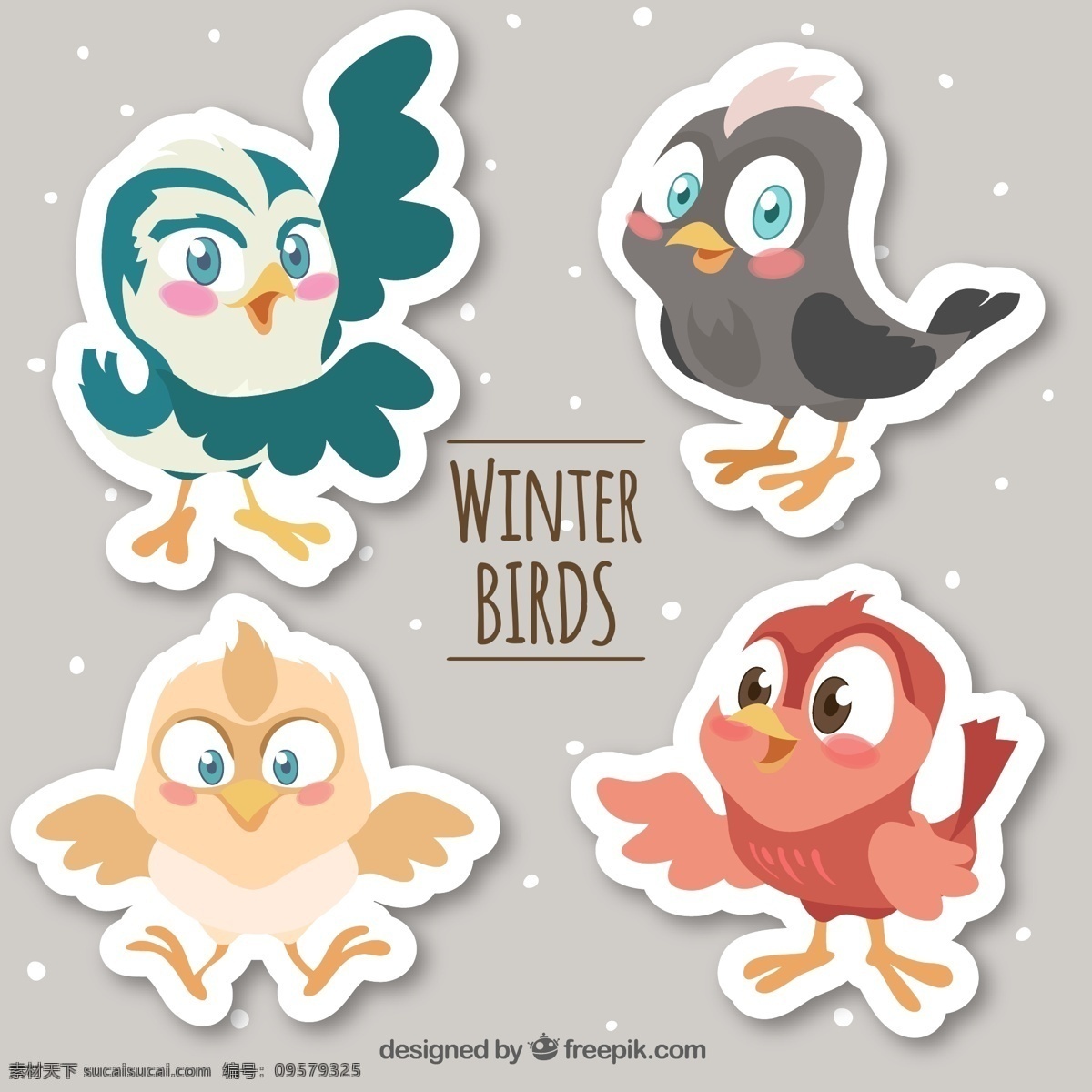 款 卡通 冬季 小鸟 贴纸 矢量图 雪花 动物 鸟 ai格式 矢量素材 最新矢量图 名片卡片