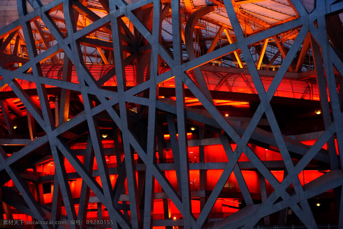 钢结构建筑 建筑 现代建筑 夜色 灯光效果 暖色光 夜空 钢结构 鸟巢 肌理素材 红蓝色对比 华灯初上 北京 奥运会 旅游摄影