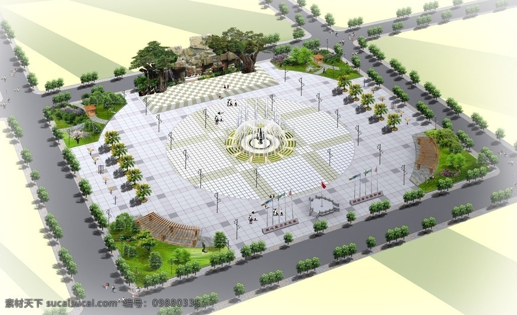 广场 景观 规划设计 人物 马路 喷泉 旗帜 草地 树木 假山 建筑物 灰白色背景 环境设计 景观设计