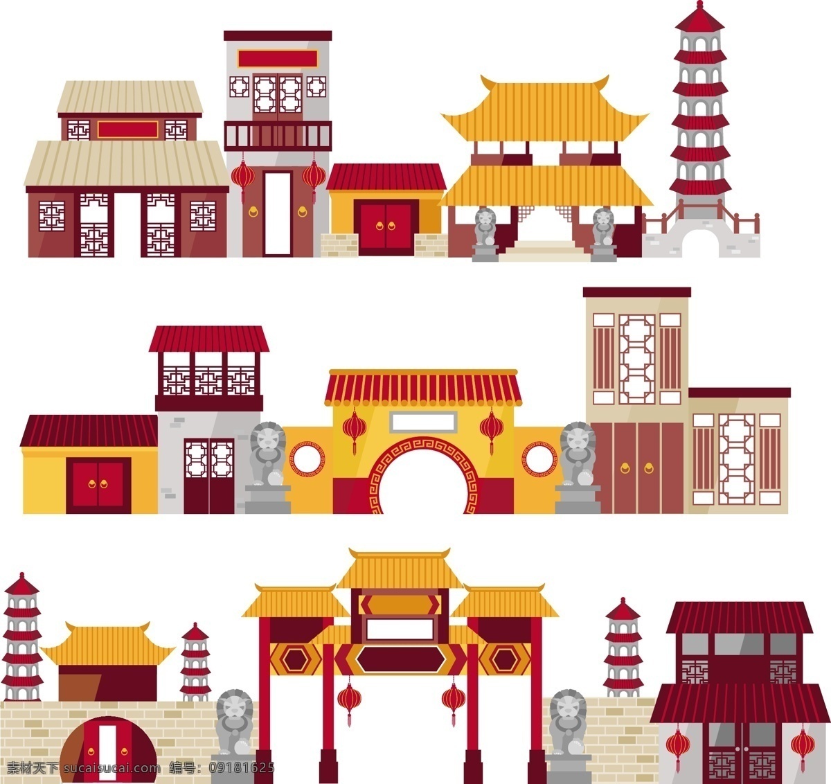 中国古建筑 多款 可爱 复古风格 中国风建筑 古建筑 矢量