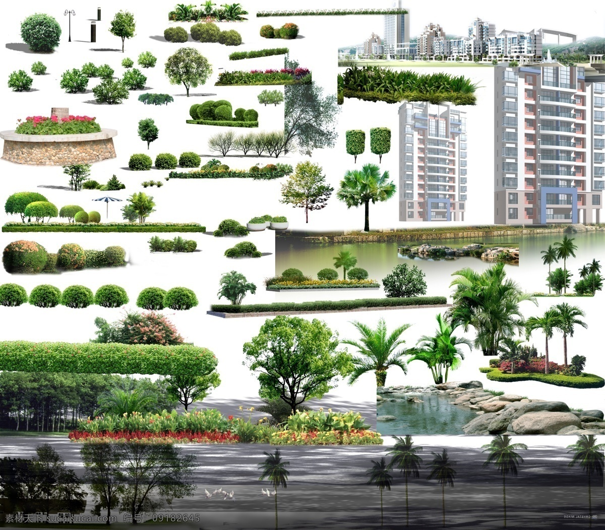 效果图 后期 景观 小区素材 湖面 近景 中景植物 花草 人物 石头 灌木 建筑 灯 分层 源文件