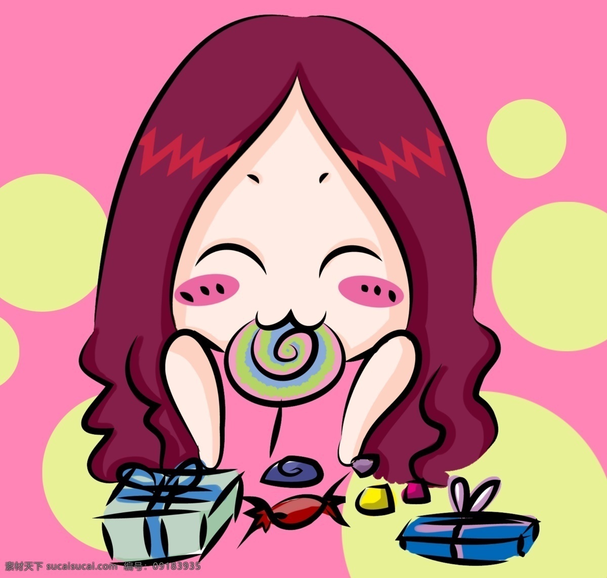 吃 棒棒糖 中分 女孩 卡通 q版 粉色