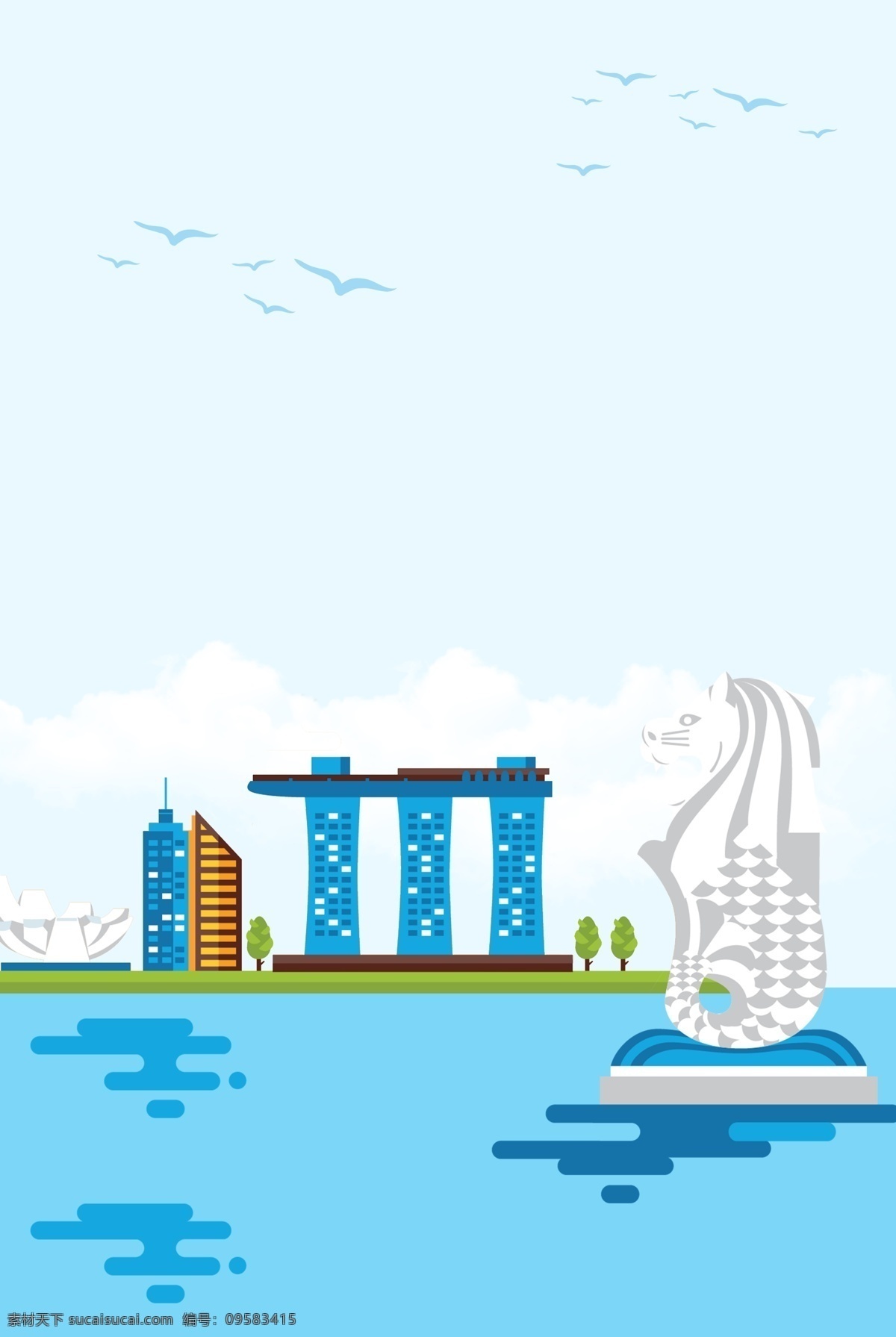 新加坡 蓝色 小 清新 鱼尾狮 建筑 地标 背景 新加坡地标 亚洲 旅游 海鸥 新加坡鱼尾狮