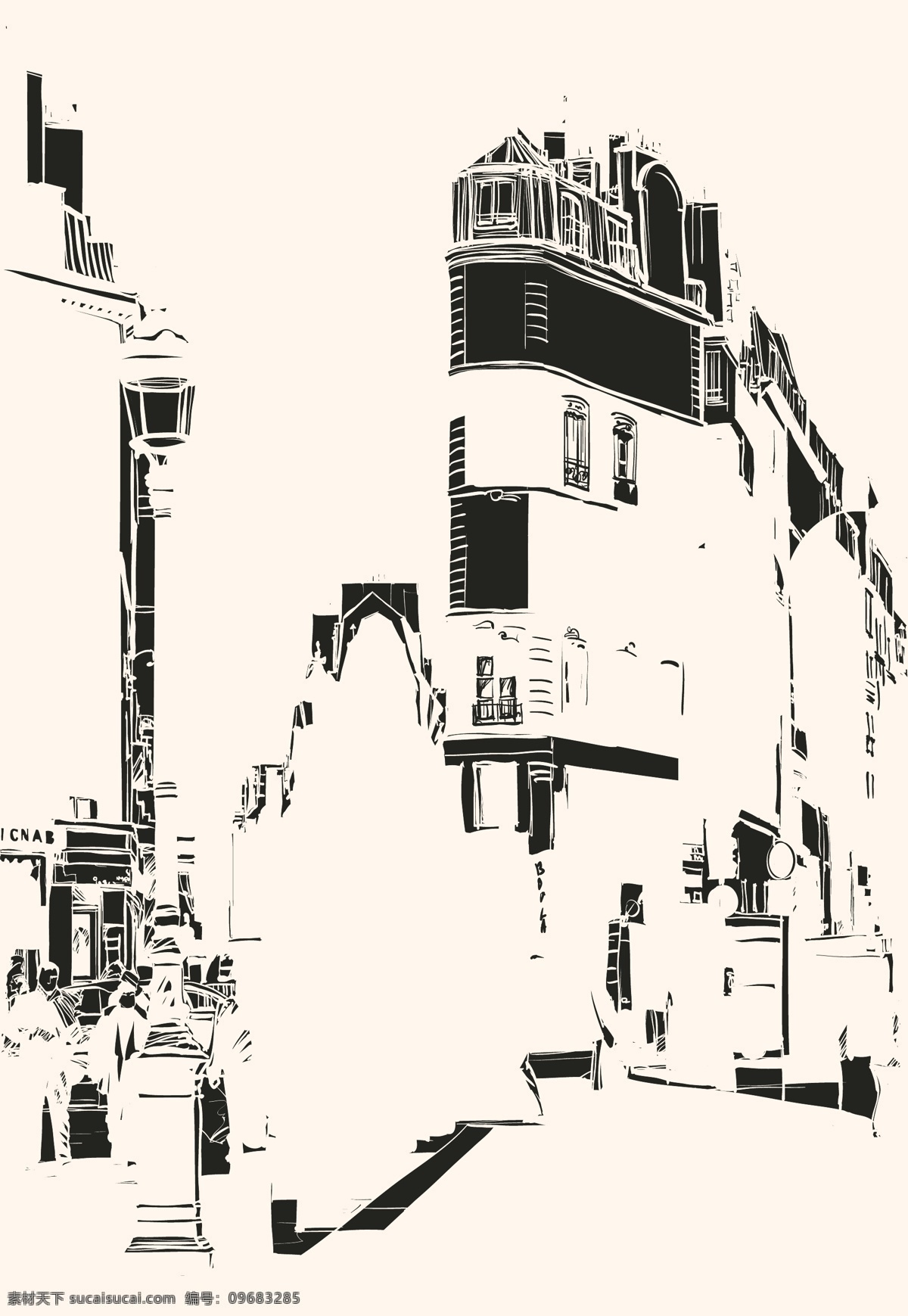 黑白 手绘 欧洲 街道 插画 城市 房子 建筑