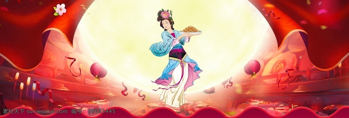 红色 浪漫 中秋节 电商 促销 banner 背景 荷花 梦幻 中秋快乐 嫦娥 月亮 玉兔 梦幻中秋节