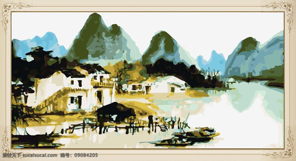 山水人家 数字油画 diy 数字 油画 diy彩绘 文化艺术 绘画书法